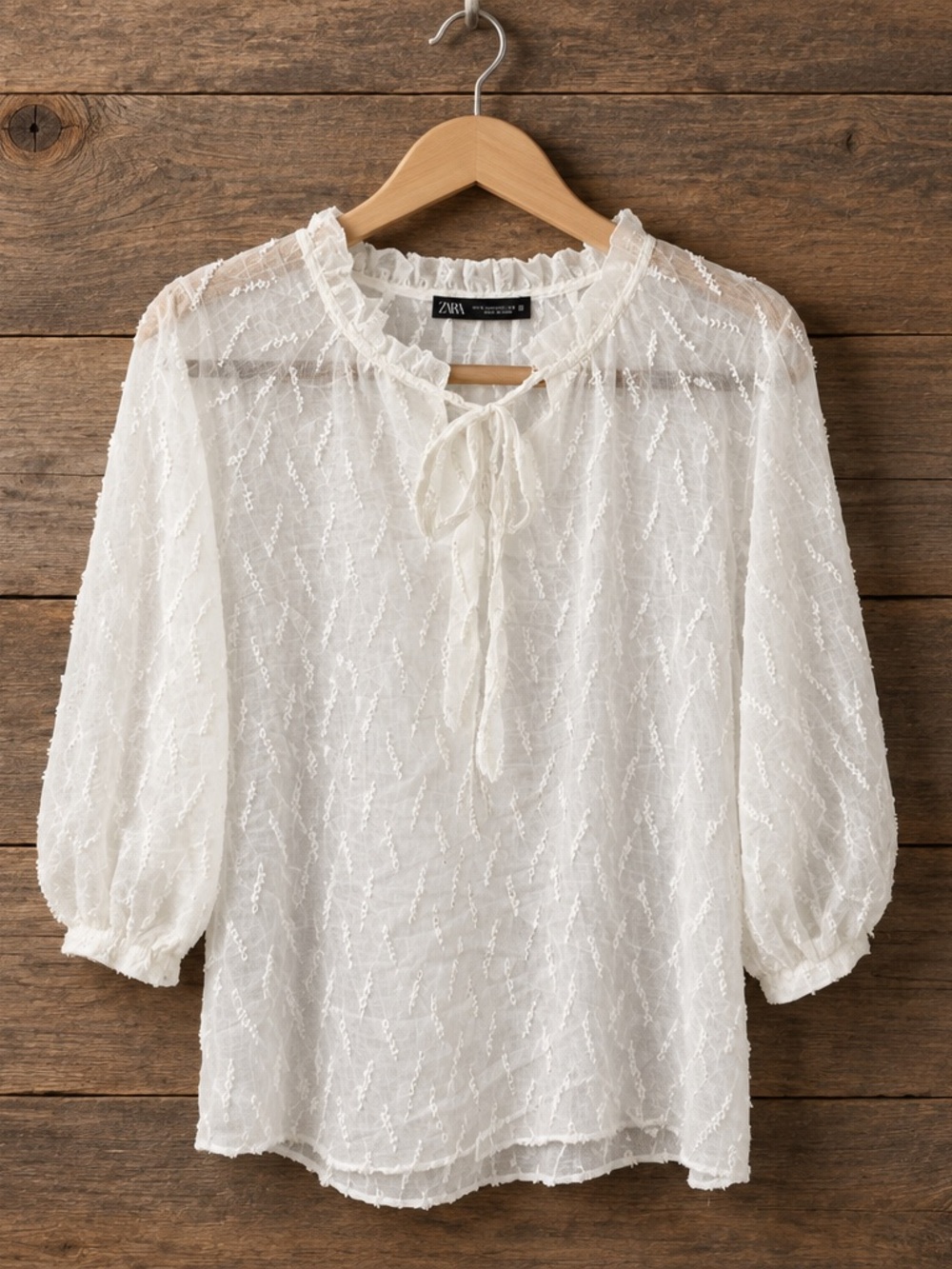 Zara Ivory Sheer Ruffle Tie-Front Blouse